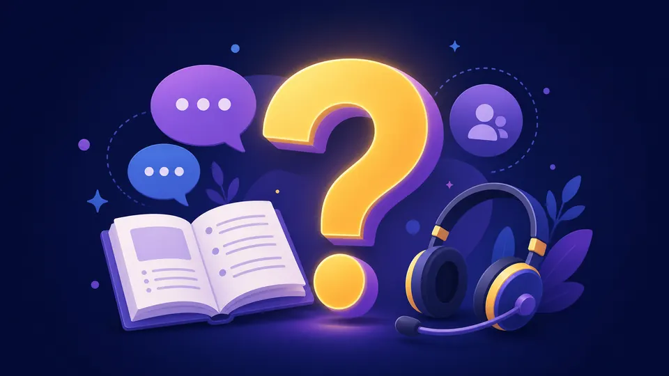 Tanda tanya emas besar dengan buku panduan dan headset