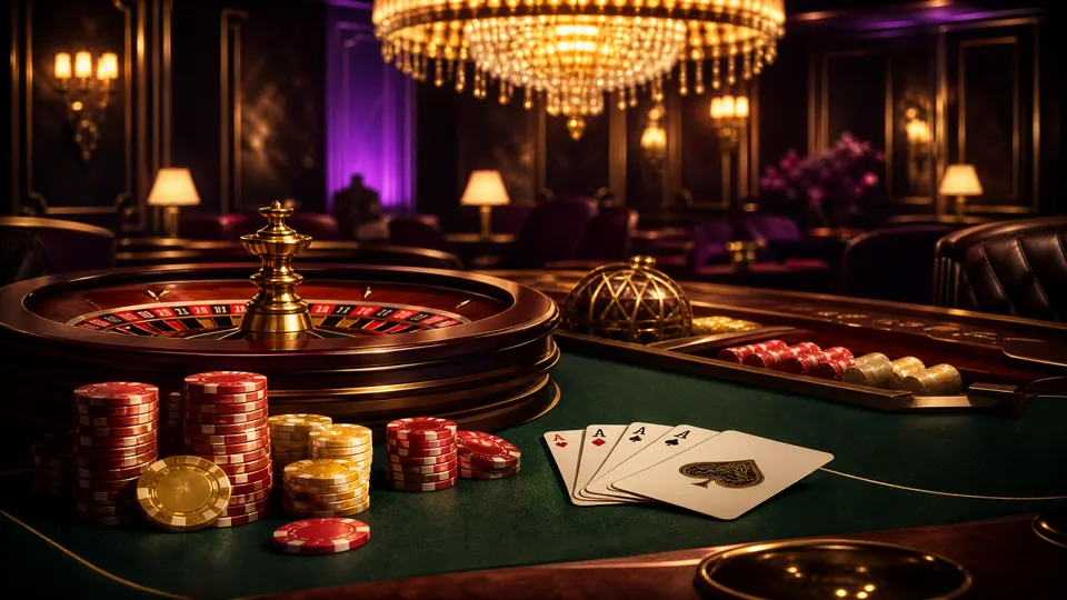 Meja live casino dengan roda roulette dan chip