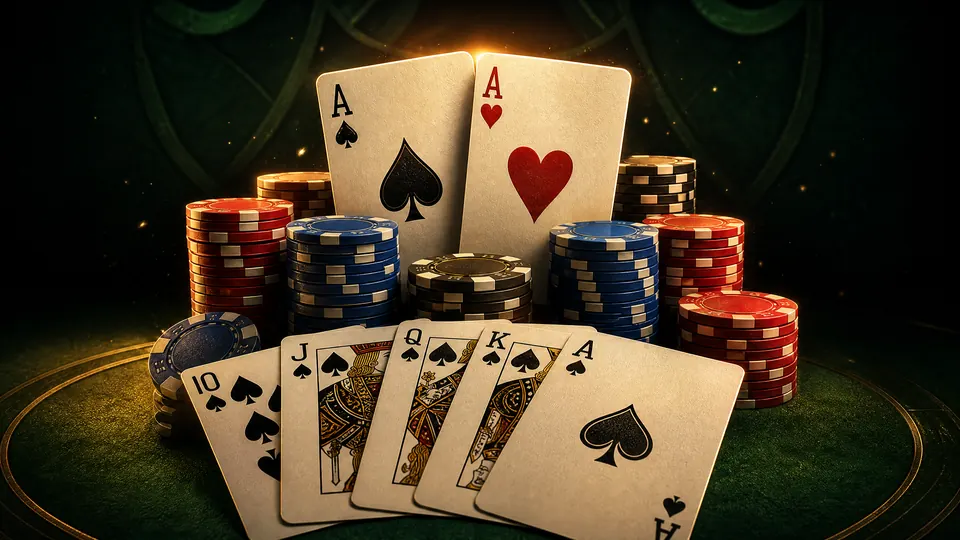 Kartu as dan chip poker di meja hijau