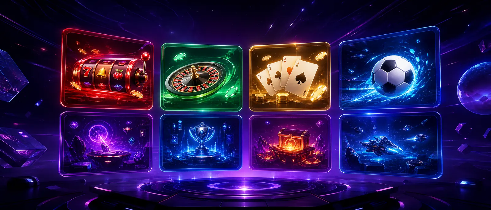 Ilustrasi lobi permainan Nusabet88 dengan ubin game neon