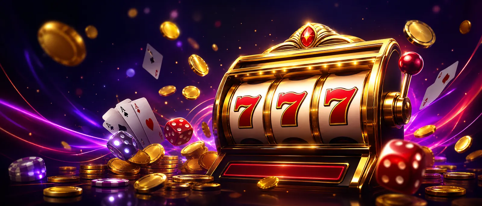 Ilustrasi mesin slot emas dengan koin dan kartu di Nusabet88